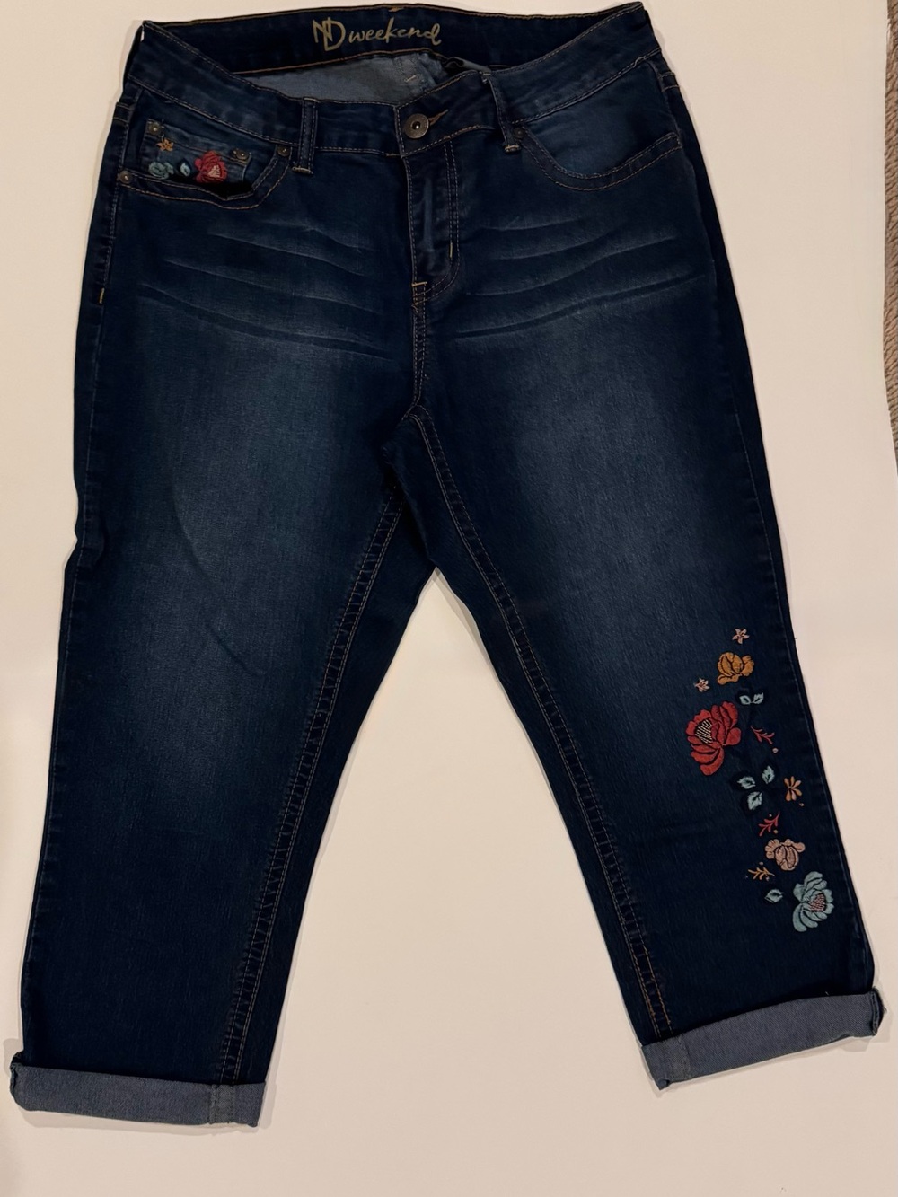 Dark Blue Embroidered Crop Jeans for Women